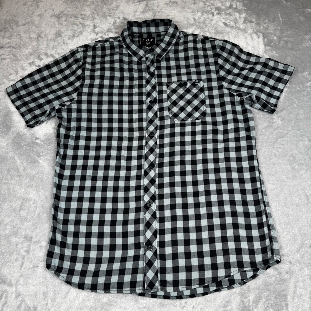 Fox Racing Plaid Shirt Mens L Button Up Black Blue Short Sleeve Pocket